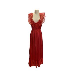 Vintage Featherbed New York Red Lace Trimmed Nightgown Gown